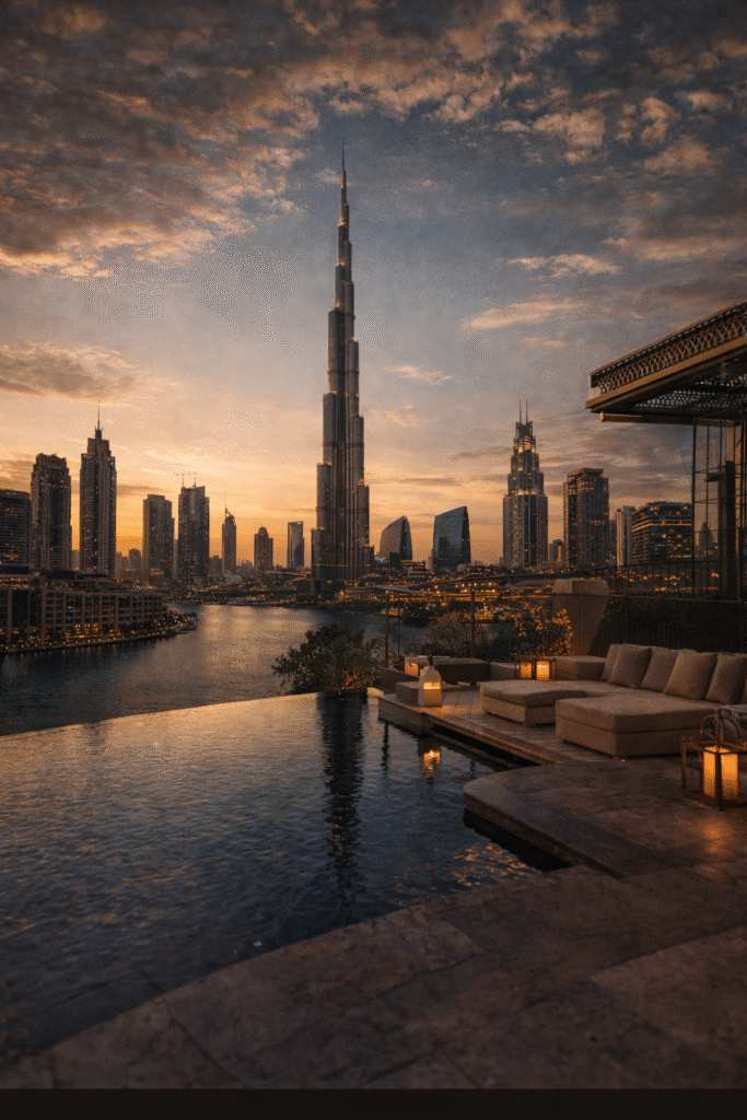 About Dubai skyline representing the vision of Gulf Luxury fashion, blending innovation, modern design, and Middle Eastern elegance